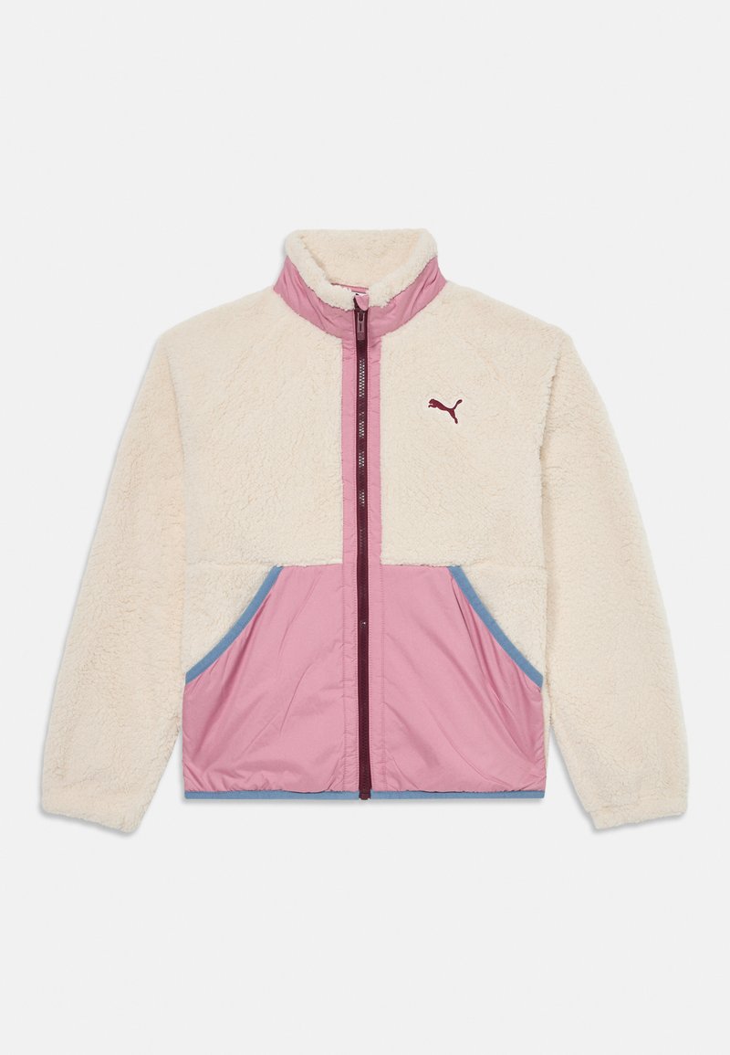 Licht crèmekleurige nepbontjas met roze en blauwe accenten, hoge kraag, ritssluiting aan de voorkant en zijzakken; voorzien van het Puma-logo.