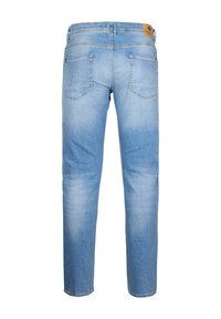 Jeans in denim chiaro con design a gamba dritta, cinque tasche e un'etichetta in pelle con logo sulla cintura posteriore.