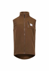 Bruine fleecevest met hoge kraag, volledige ritssluiting, twee zijzakken en een borstzak met een logo patch. Geweven materiaal.