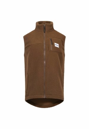 Brown fleece vest with high collar, full front zipper, two side pockets, and a chest pocket featuring a logo patch. Textured material.