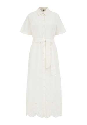 White, button-down dress with short sleeves, belted waist, and embroidered hem featuring scalloped edges and floral patterns.