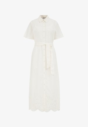 Bela obleka s kratkimi rokavi in gumbnim zapenjanjem, s pasom in vezenim robom, ki ima valovite robove in cvetlične vzorce.