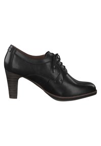 Scarpa di pelle nera con punta rotonda, design con lacci e tacco alto impilato. Texture liscia con dettagli a cucitura sui lati.
