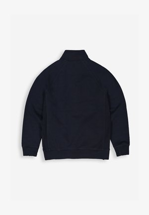 Marinblauer Sweatshirt mit hohem Kragen, Raglanärmeln und gerippten Bündchen und Saum. Glatte Textur mit minimalen Nähdetails.