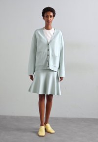 Lyseblå cardigan med knapper og to lommer, paret med et utsvingt skjørt. Komfortable gule slip-on sko. Glatt tekstur.