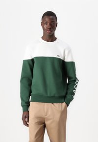 Sudadera verde y blanca de manga larga, con cuello redondo y logo bordado en el pecho y la manga. Textura de tela suave.