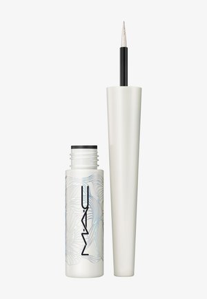 Eyeliner liquide dans un flacon blanc avec un design abstrait de lignes bleues, doté d'un applicateur pinceau effilé pour une application précise.