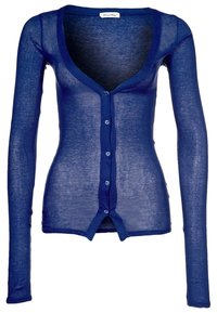 Långärmad cardigan i genomskinligt marinblått material med V-halsringning, med knäppning framtill och en smal passform.