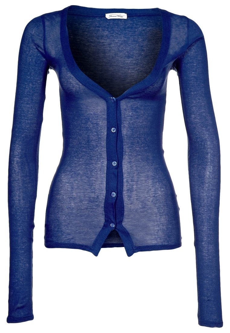 Långärmad cardigan i genomskinligt marinblått material med V-halsringning, med knäppning framtill och en smal passform.