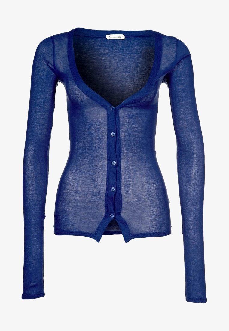 Långärmad cardigan i genomskinligt marinblått material med V-halsringning, med knäppning framtill och en smal passform.