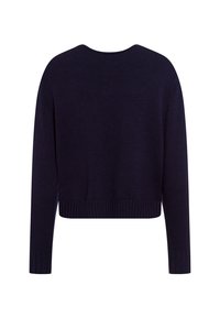 Dunkelblauer, gestrickter Pullover mit langen Ärmeln sowie gerippten Bündchen und Saum, von hinten auf einem weißen Hintergrund präsentiert.