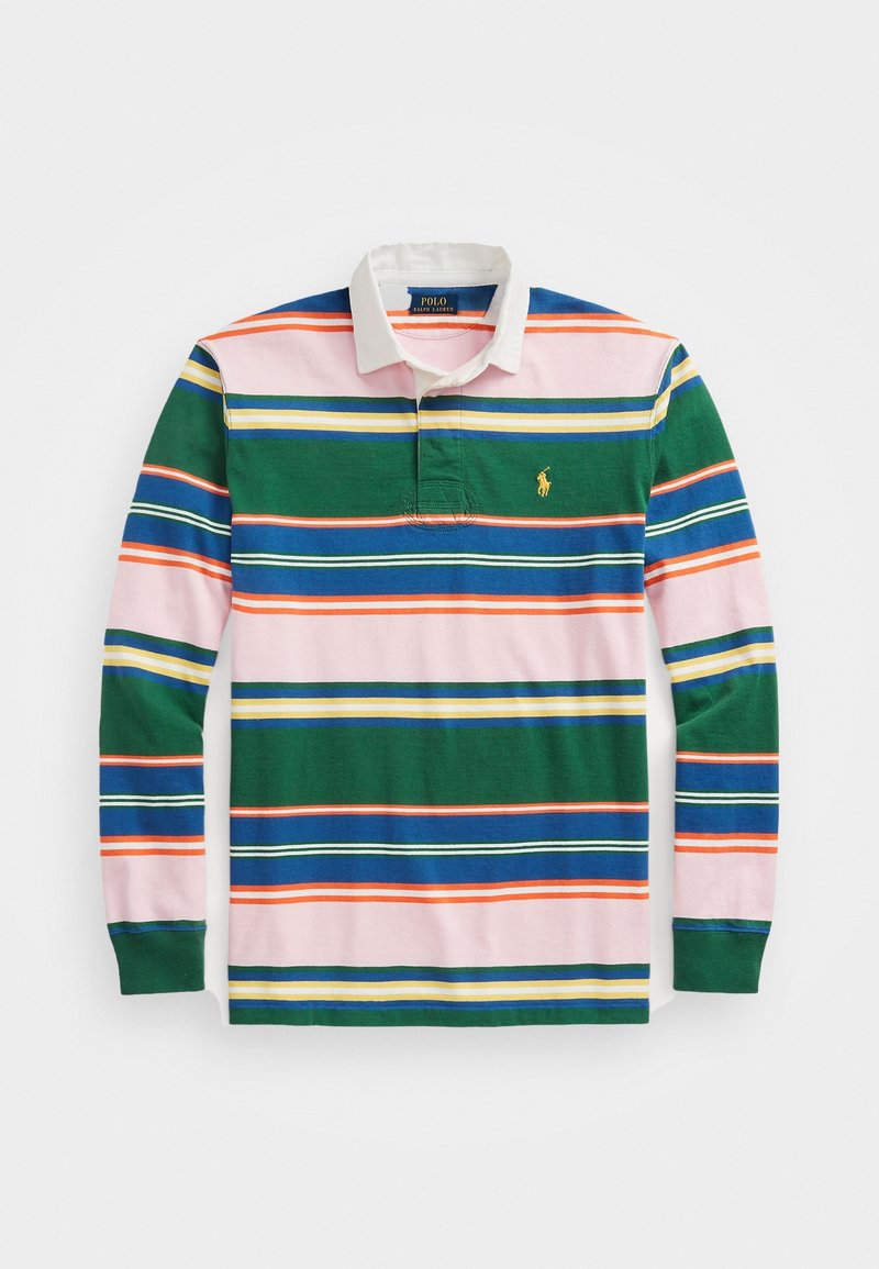 Polo a maniche lunghe con colletto bianco, caratterizzato da strisce orizzontali multicolori in verde, rosa, blu, arancio e giallo.