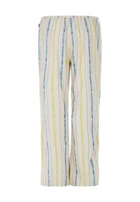 Lichte, loszittende broek in crème, met verticale patronen in blauw, geel en roze. Elastische tailleband voor comfort.