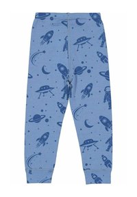 Blå barnleggings med mörkblå, rymdtematiska tryck som inkluderar raketer, UFO:n, astronauter, planeter, stjärnor och månar.