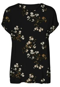 Blusa de manga corta negra con un patrón floral en blanco y marrón, con cuello redondo y corte relajado. Fabricada en una tela suave.