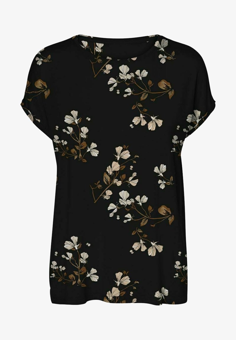 Blusa de manga corta negra con un patrón floral en blanco y marrón, con cuello redondo y corte relajado. Fabricada en una tela suave.