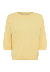 Pull jaune à coupe décontractée en tissu tricoté doux. Caractérisé par un col large et des manches courtes, avec un petit logo au niveau de l'ourlet.
