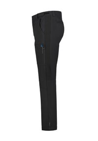 Schwarze Outdoor-Hosen mit schmaler Passform, ausgestattet mit einer seitlichen Reißverschlusstasche, verstärkten Nähten und strapazierfähigem Material für aktive Nutzung.