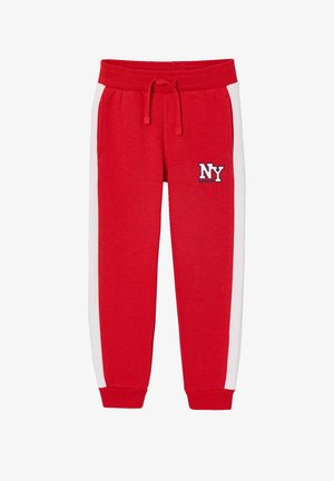 Red sweatpants with white side stripes, elastic waistband with drawstring, cuffed ankles, and "NY" logo patch on left thigh.