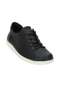 Scarpe nere in pelle con una finitura liscia, punta arrotondata e suola in gomma bianca. Presentano un design con lacci e un dettaglio del logo sul lato.