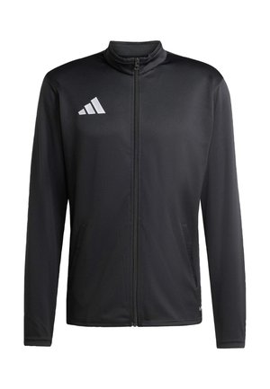 Black athletic jacket with a stand-up collar, zip closure, long sleeves, and white logo; features side pockets and a smooth fabric texture.