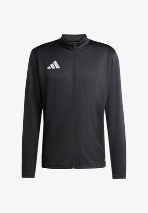 Black athletic jacket with a stand-up collar, zip closure, long sleeves, and white logo; features side pockets and a smooth fabric texture.