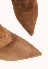 Bottines en daim marron avec un bout pointu et une texture lisse, présentant un tige ajustée et des accents matériels minimaux.