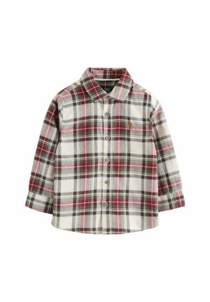 Chemise à manches longues pour enfant, à boutons, avec un motif à carreaux rouge, blanc et vert et un petit logo brodé sur la poitrine.