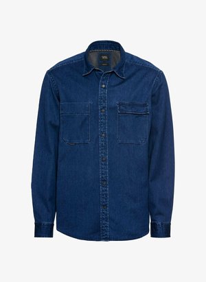 Donkerdenim overhemd met knopen, voorzien van twee borstzakken, lange mouwen en een klassieke kraag met contrasterende stiksel-details.