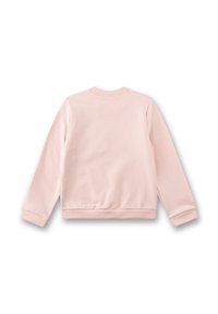 Rosa Sweatshirt mit langen Ärmeln, einem runden Kragen, Bündchen und Saum. Glatte Textur, keine Muster oder Verzierungen. Rückansicht.