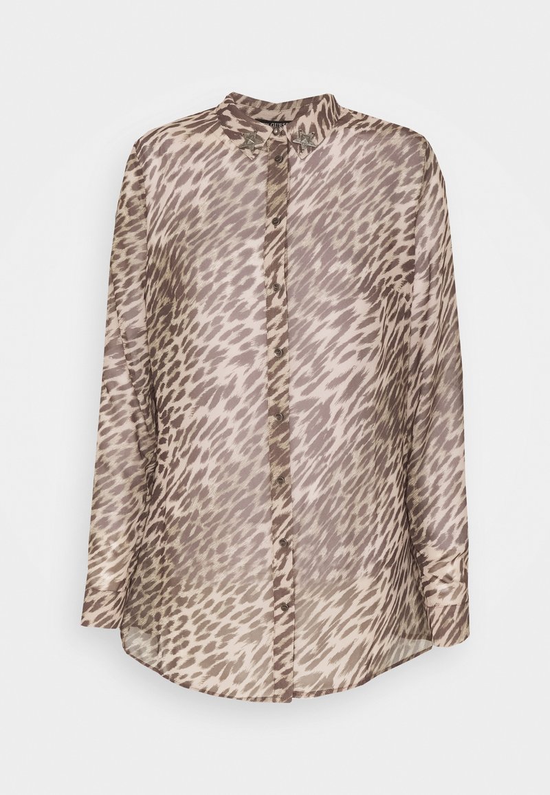 Long-sleeve button-up shirt with beige and brown animal print, featuring metal star embellishments on the collar.