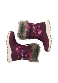 Mørkerøde sneboots med et farverigt galakseprint, faux pelskant og en tekstureret gummisål. Inklusive justerbare spænder for tilpasning.
