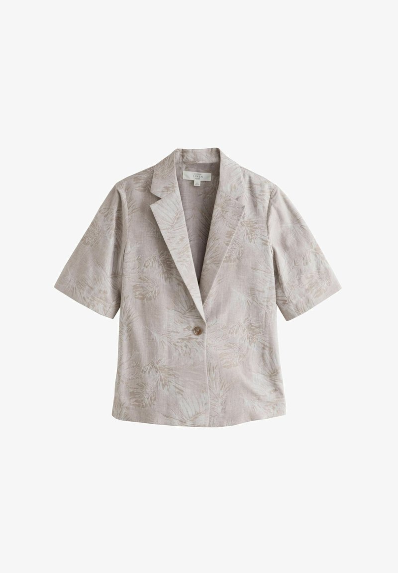 Blazer en lin beige clair à manches courtes, motif discret de feuilles, revers crantés, fermeture par un bouton unique, coupe décontractée, tissu texturé.