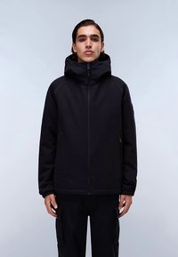 Black hooded jacket with a full-length zipper, ribbed cuffs, and side pockets. Features a smooth texture and a relaxed fit design.