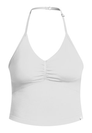 Hvid halterneck crop top med v-udskæring, der har rynke-detaljer foran og en ensartet, glat tekstur. Justerbar rem med hardware-detalje.