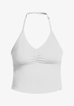 Bílý halter top s krátkým střihem a výstřihem do V, se sklady v přední části a hladkým, pevným povrchem. Nastavitelný pásek s kovovým akcentem.