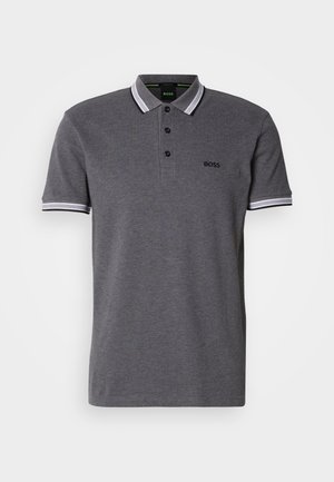 Graues Poloshirt mit strukturiertem Kragen, Knopfleiste mit drei Knöpfen und kontrastierenden gestreiften Bündchen. Mit gesticktem Logo auf der Brust.