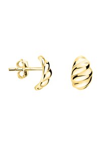 Orecchini a bullone in tono oro con un design attorcigliato e una superficie liscia e lucida. Hanno una forma a spirale che enfatizza profondità e texture.