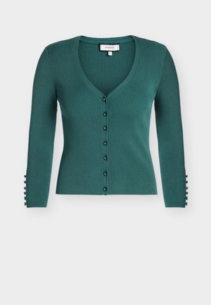 Teal ribbed knit cardigan with V-neck, front buttons, and decorative buttons on three-quarter sleeves, size small.