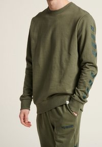 Felpa verde oliva realizzata in morbido tessuto, con collo a giro e maniche lunghe, caratterizzata da un design con motivi a chevron blu scuro sulle maniche.