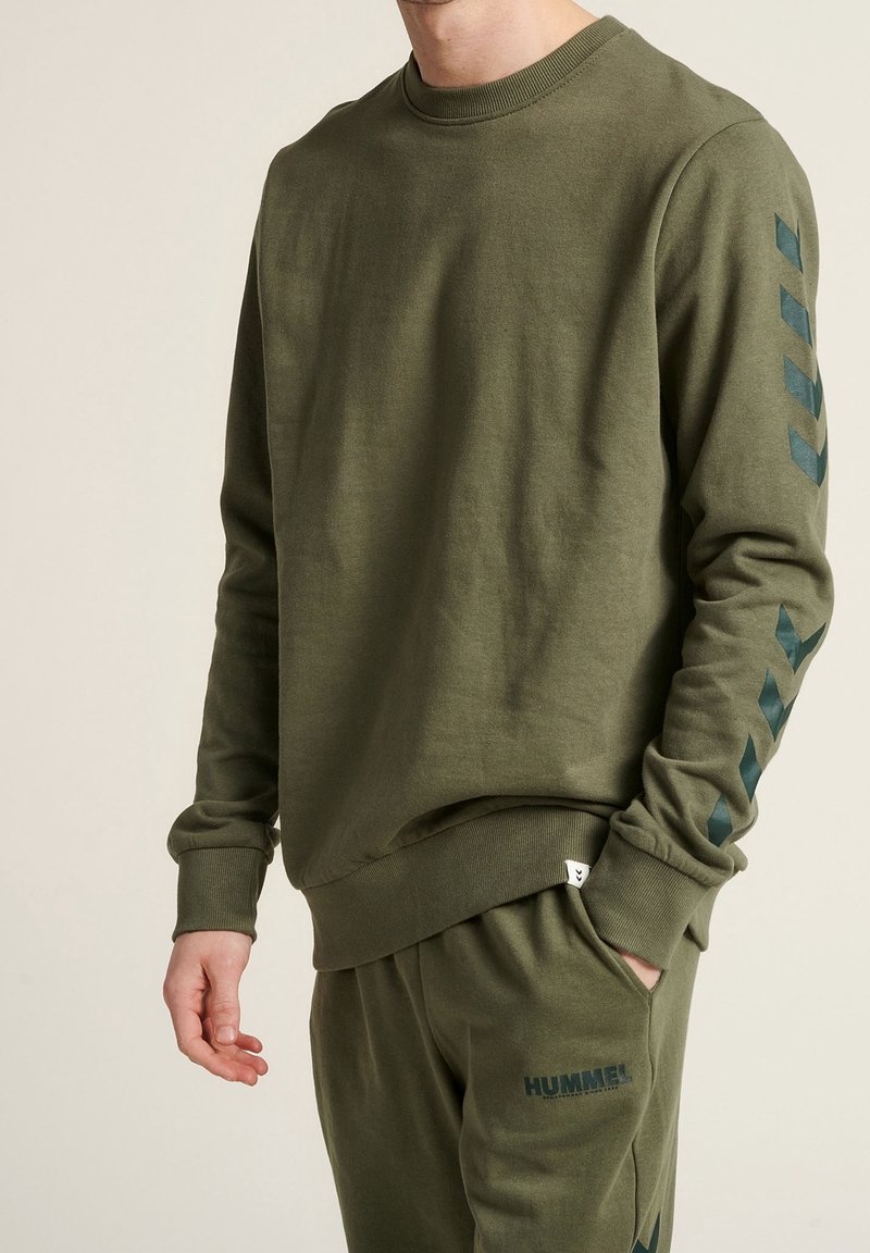 Felpa verde oliva realizzata in morbido tessuto, con collo a giro e maniche lunghe, caratterizzata da un design con motivi a chevron blu scuro sulle maniche.