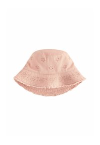 Rosa Bucket-Hat aus Baumwolle mit floralem Stickerei und ausgefransten Kanten, mit einem breiten, nach unten geneigten Rand zum Schutz vor der Sonne.