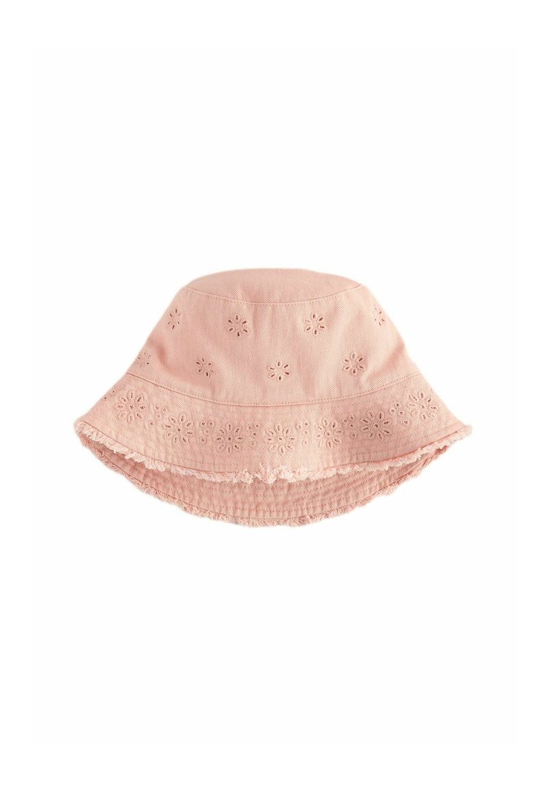 Rosa Bucket-Hat aus Baumwolle mit floralem Stickerei und ausgefransten Kanten, mit einem breiten, nach unten geneigten Rand zum Schutz vor der Sonne.