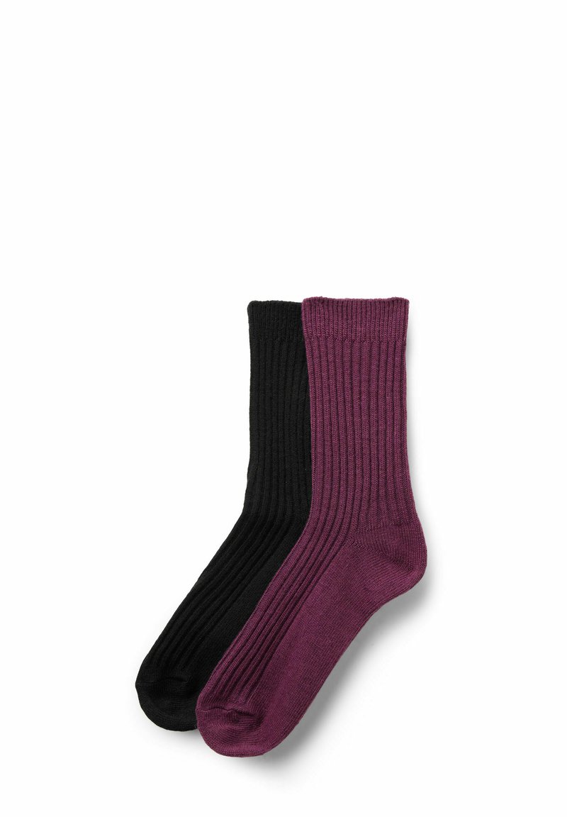 Gerippte Socken in Schwarz und Dunkelpurpur. Aus weichem Stoff gefertigt, mit einem Design bis zur Mitte der Wade und kontrastierenden Farben und Texturen.