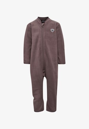 Bruine fleece onesie met lange mouwen, een hoge hals en een rits aan de voorkant. Bevat een klein decoratief logo op de borst.