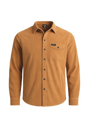 Bruine corduroy overhemd met verticale ribbelstructuur, knopenlijst aan de voorkant, enkele borstzak en zwarte knopen. Lange mouwen en een getailleerde pasvorm.