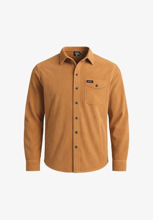 Bruine corduroy overhemd met verticale ribbelstructuur, knopenlijst aan de voorkant, enkele borstzak en zwarte knopen. Lange mouwen en een getailleerde pasvorm.