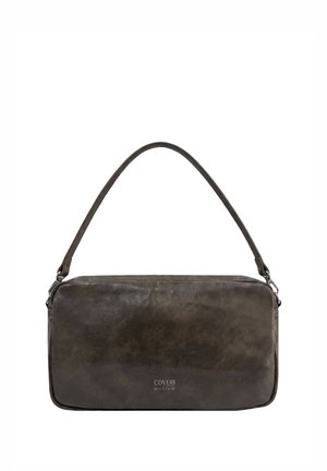 Rectangular dark brown leather shoulder bag with a single strap and "Coveri active" logo on the front center.