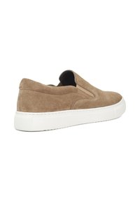 Suede slip-on shoe in light brown with a white rubber sole. Features elastic side panels and minimal stitching for a clean design.
