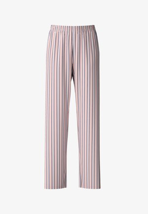 Hellrosa, weite Hose mit dunkelblauen vertikalen Streifen. Elastischer Bund. Glattes Material mit weicher Textur und in voller Länge.